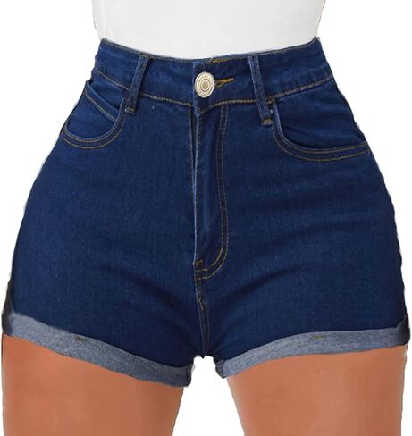 Yyibsones Women's Casual Stretchy Denim Shorts High Waisted Folded Hem Jeans Shorts in Kuwait
