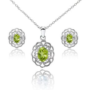 Sterling Silver Genuine Simulated Gemstone Oval Filigree Flower Pendant Necklace Stud Earrings Set