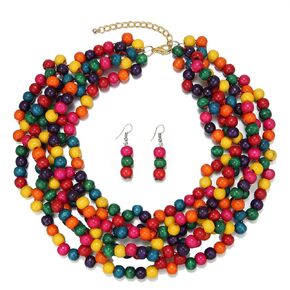 Chunky Wooden Choker Necklace and Earrings Set for Women Girls,Colorful Bib Layered Necklace Boho Earrings,Handmade Statement African Jewelry Gifts