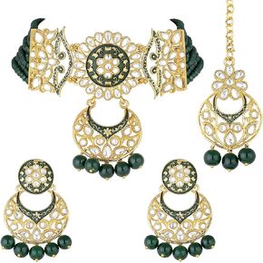 I Jewels 18K Gold Plated Indian Wedding Bollywood Kundan Studded Pearl Choker Necklace Jewellery Set For Women (ML291)