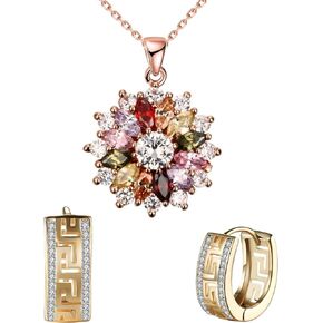 WSKFLY Colorful Snowflake Pendant Necklace,Double Row Pattern Hoop Earring Set in 18k Rose Gold Plated Ladies with 5A Cubic Zirconia Christmas Jewelry Gift Birthday Gifts for Her