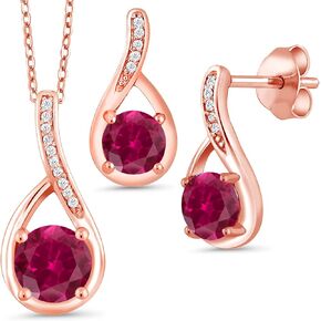 Gem Stone King 18K Rose Gold Plated Silver Round Red Created Ruby and Diamond Pendant Earrings Set For Women (2.34 Cttw, with 18 Inch Chain)