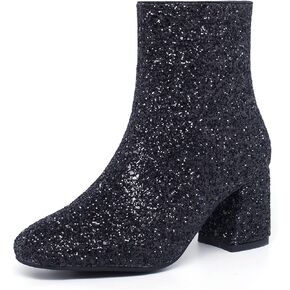 SEIFIN Women's Sequins Glitter Chunky Heel Ankle Boots Sparkly Wedding Bridal Party Dress Shoes Block Mid Heels Side Zipper Booties
