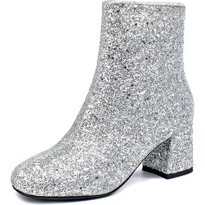 SEIFIN Women's Sequins Glitter Chunky Heel Ankle Boots Sparkly Wedding Bridal Party Dress Shoes Block Mid Heels Side Zipper Booties in Kuwait