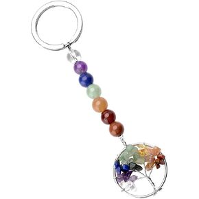PESOENTH Rainbow 7 Chakra Gemstone Beads Yoga Keychain Silver Tree of Life Key Chain Ring for Women Girls Healing Meditation Spiritual Gifts