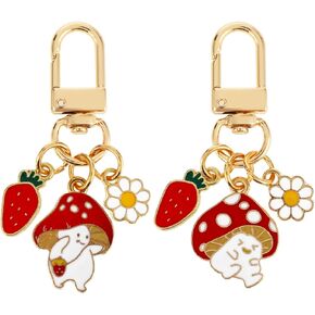 Jeffdad 2 Pcs Key Charms for Keychain, Mushroom Strawberry Cute Keychains, Keychain Keyring Charms for Bag Car Ornaments, Party Valentine's Day Gift for Women Girls