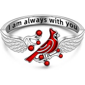 Cardinal Ring for Women Sterling Silver Feather Ring Angel Wing Ring Bird Adjustable Open Memory Rings Red Cardinals Jewelry