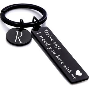 Chasing DreamsMRL Drive Safe Keychain Key Rings Gifts for Boyfriend Birthday 26 Letter Keychain (Abbreviation R, Black)
