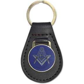 Square & Compass Black Leather Medallion Masonic Key Chain - [Blue & Gold][3 1/8'' Tall]