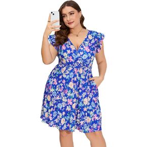 Women Plus Size Wrap V Neck Midi Dress Short Sleeves High Waist Pleated Ruffle Hem Casual Summer Dress