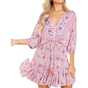 R.Vivimos Womens Summer Floral Dress 3/4 Sleeve Deep V Neck Boho Drawstring Backless Swing Mini Dress