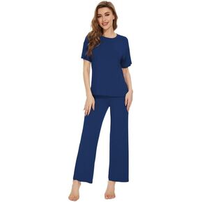 WiWi Viscose Pajamas Set for Women Short Sleeve Top and Pants Sleepwear Matching Lounge Sets Soft Pjs S-XXL
