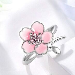 XIALV Fashion Sweet Pink Sakura Adjustable Opening Crystal Zircon Ring for Women and Girls