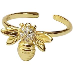CZ Bee 925 Sterling Silver Ring for Women Girls 14K Gold Plated Cubic Zirconia Crystal Texture Animal Honeybee Statement Open Band Rings Comfort Fit Adjustable Expandable Finger Jewelry Dainty Gift