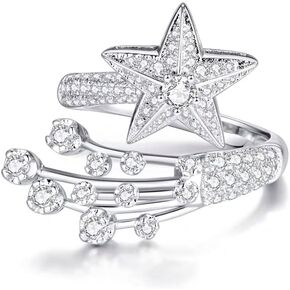 NewZenro Shooting Star Cubic Zirconia Wrap Adjustable Open Band Rings for Women Girls Dainty Stars Crystal Statement Finger Ring Comfort Fit Fashion Jewelry Bff Birthday Daughter Gifts