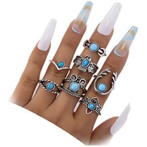 Retro Silver Stackable Rings Sets for Teens Girls Women Vintage Western Rings Bohemian Stackable Joint Finger Rings Chunky Faux Turquoise Ring Set