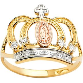 Savlano 18K Gold Plated Yellow White & Rose Tri Color Lady of Guadalupe Virgin Mary with Crown & Cross Round Cut Cubic Zirconia Women's Girl's Religious Ring