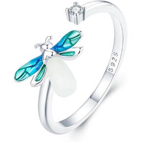 Qings Luminous Firefly/Bee Ring 925 Sterling Silver Glow in the Dark Adjustable Ring for Women Cute Animals Open Ring Girls Teen