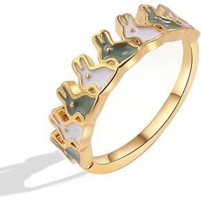 Cute Rabbit Open Adjustable Ring for Women Girls Gold Plated Enamel Bunny Animal Statement Finger Knuckle Band Promise Rings Lovely Comfort Fit Easter Birthday Wedding Jewelry Gift