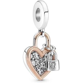 باندورا القلب قفل مزدوج تتدلى سحر سوار سحر لحظات أساور - مجوهرات نسائية مذهلة - مصنوعة من الورد، الفضة الاسترليني وزركونيا مكعب، مع صندوق هدية in Kuwait