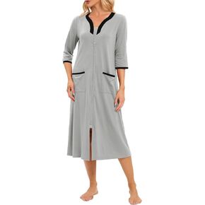 Hellomamma Women Zipper Robe 3/4 Sleeves Loungewear Dress Full Length Sleepwear Pockets Housecoat Nightgown Long Bathrobe