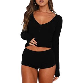 NUFIWI Women Knitted 2 Piece Outfits Pajamas Long Sleeve Slim Fit Shirt Top High Waist Shorts Y2k Lounge Sleepwear Set