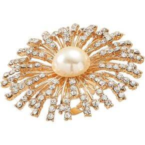 Large CZ Blossom Statement Wedding Ring for Women Girls Gold Plated Vintage Crystal Flower Shell Pearl Adjustable Open Band Wrap Finger Rings Comfort Fit Exaggerated Birthday Cocktail Party Jewelry Gift