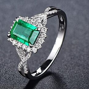 Sdouefos Women's 3ct Birthstone Solitaire Engagement Ring Emerald Cut Created Green Emerald White Gold Plated 925 Sterling Silver Engagement Wedding Ring (7)