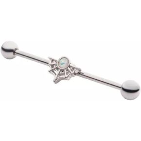 Pierced Owl 14GA 316L Stainless Steel Spider Web with White Glitter Opal Industrial Barbell