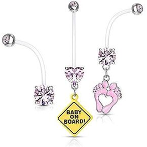 3pc Pregnancy Maternity Belly Button Ring Feet Baby on Board CZ (Pink)