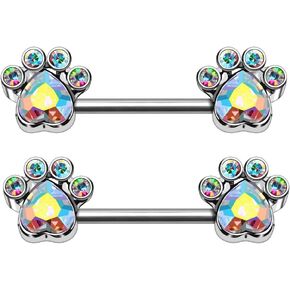 Pierced Owl 14GA 316L Stainless Steel Aurora Borealis CZ Crystal Dog Paw Nipple Barbells, Sold as a Pair