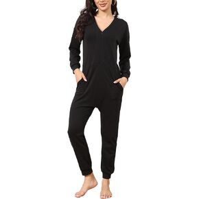 BUENOS NINOS Jumpsuits for Women Long Sleeve Rompers Loose Zipper Up V Neck Overalls Onesie Pajama Casual One Piece Outfit