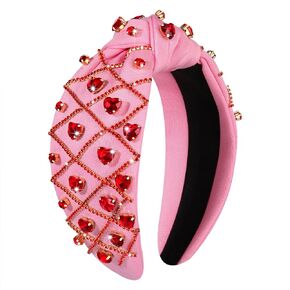YAHPERN Valentine’s Day Headband for Women Red Pink Heart Knotted Headband Jeweled Rhinestone Crystal Wide Top Knot Hairband Valentine’s Day Hair Accessories Holiday Gifts (Beaded Heart)