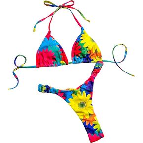 GORGLITTER Women's 2 Piece Floral Print Swimsuit High Cut Thong Bikini Set Halter Triangle String Bathing Suit