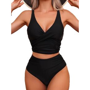 Limeeke Women's High Waisted Bikini Sets V Neck Twist Front Swimsuit Two Piece Bathing Suits