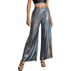 WDIRARA Women's Metallic High Waisted Straight Wide Leg Clubwear Party Pants