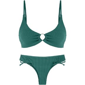 ZAFUL Women's Ribbed O Ring Bikini Set Tie Side Cheeky Swimwear Ruched Cinched Swimsuit Two Piece Bathing Suit