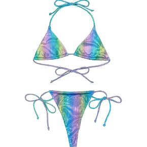 SHEKINI Women Metallic Triangle Bikini Set Halter String 2 Piece Swimsuit Shiny Brazilian Thong Bottom