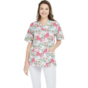 Hawaiian Print Cotton 2 Pockets Scrub Top in Flamingo in Love in Kuwait
