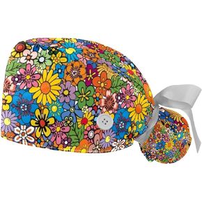 Bloomming Sunflower Painted Yellow Background Adjustable Working Cap with Ponytail Holder, 2 Packs Scrub Cap Bouffant Hat for Men & Women, One Size