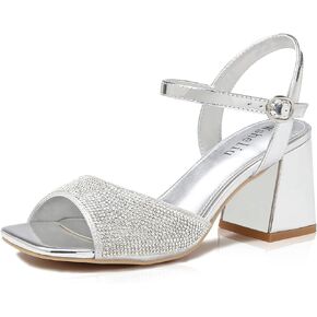 Women's Rhinestone Chunky Heels Sandals Square Open Toe Strappy Low Heel Pump Sandals Dress Sexy Prom Wedding Party Heeled Sandals
