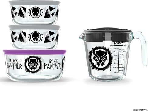 Pyrex Prep & Store 8-Pc Glass Food Storage Containers with (1) 2-Cup Measuring Cup with Lid, (2) 2-Cup Round Glass Storage with Lid and (1) 4-Cup Round Glass Storage with Lid, Marvel's Black Panther in Saudi Arabia