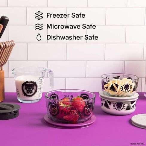 Pyrex Prep & Store 8-Pc Glass Food Storage Containers with (1) 2-Cup Measuring Cup with Lid, (2) 2-Cup Round Glass Storage with Lid and (1) 4-Cup Round Glass Storage with Lid, Marvel's Black Panther in Saudi Arabia