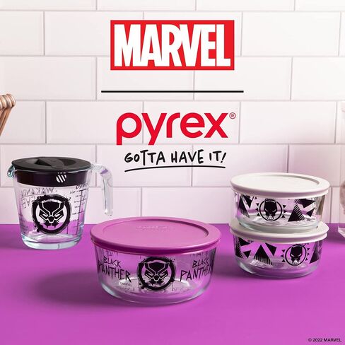 Pyrex Prep & Store 8-Pc Glass Food Storage Containers with (1) 2-Cup Measuring Cup with Lid, (2) 2-Cup Round Glass Storage with Lid and (1) 4-Cup Round Glass Storage with Lid, Marvel's Black Panther in Saudi Arabia