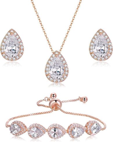 EleQueen Women's Cubic Zirconia Crystal Teardrop Necklace Earrings Bracelet Wedding Party Jewelry Sets for Bride Bridemaids in Saudi Arabia