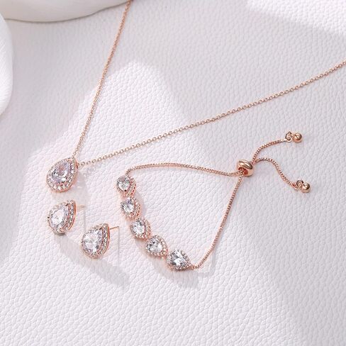 EleQueen Women's Cubic Zirconia Crystal Teardrop Necklace Earrings Bracelet Wedding Party Jewelry Sets for Bride Bridemaids in Saudi Arabia