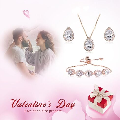 EleQueen Women's Cubic Zirconia Crystal Teardrop Necklace Earrings Bracelet Wedding Party Jewelry Sets for Bride Bridemaids in Saudi Arabia