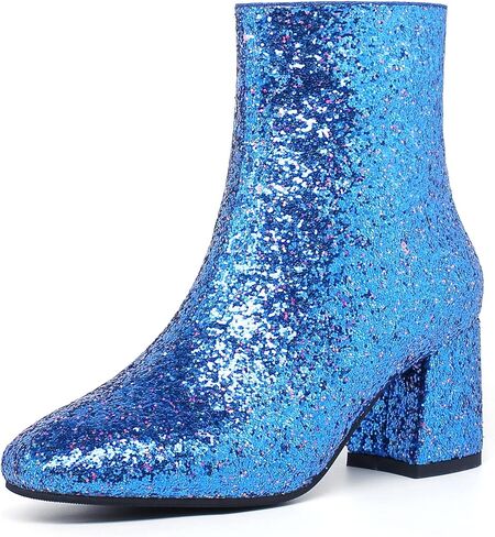 SEIFIN Women's Sequins Glitter Chunky Heel Ankle Boots Sparkly Wedding Bridal Party Dress Shoes Block Mid Heels Side Zipper Booties in Saudi Arabia