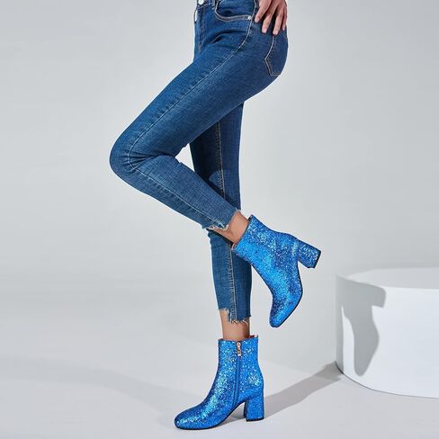 SEIFIN Women's Sequins Glitter Chunky Heel Ankle Boots Sparkly Wedding Bridal Party Dress Shoes Block Mid Heels Side Zipper Booties in Saudi Arabia