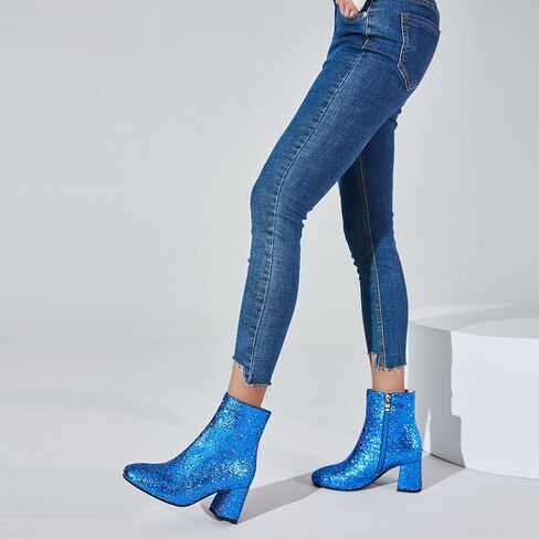 SEIFIN Women's Sequins Glitter Chunky Heel Ankle Boots Sparkly Wedding Bridal Party Dress Shoes Block Mid Heels Side Zipper Booties in Saudi Arabia